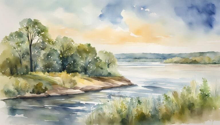 Watercolor painting of serene riverside landscape at sunset.