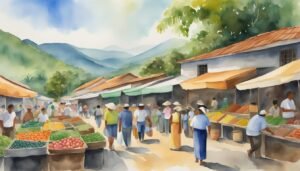 Watercolor painting of bustling outdoor market with mountains.