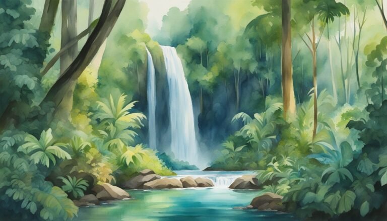 Lush tropical waterfall in serene jungle setting.