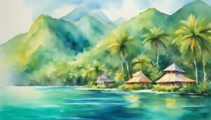 Watercolor tropical beach scene with huts and palm trees.