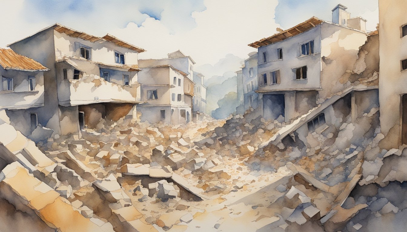 Watercolor painting of a devastated building street.