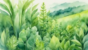 Watercolor painting of lush, green forest landscape.