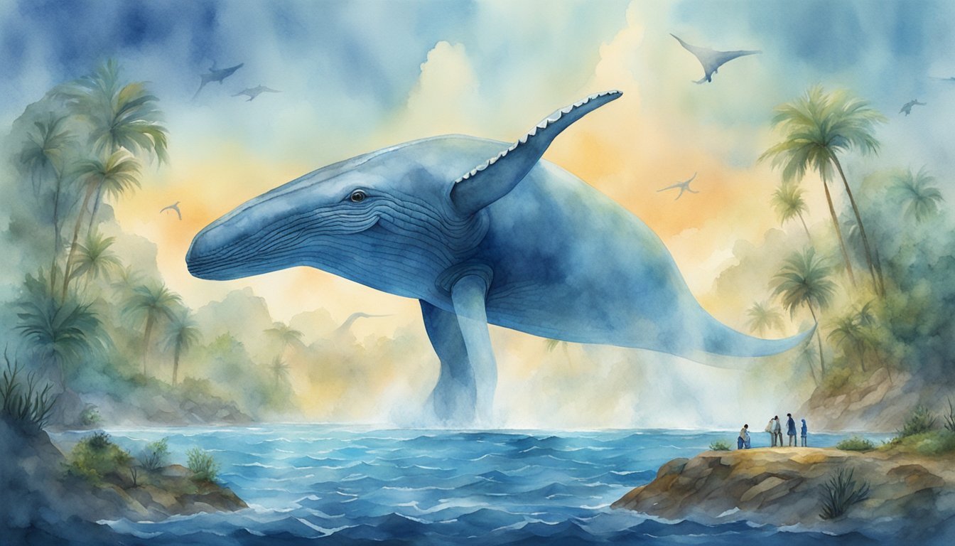 Majestic blue whale illustration in tropical seascape setting