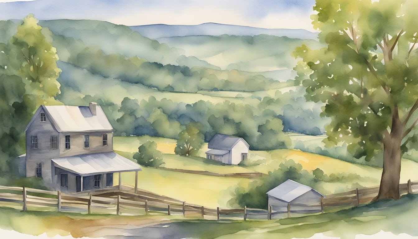 Watercolor painting of a rural farmhouse landscape.