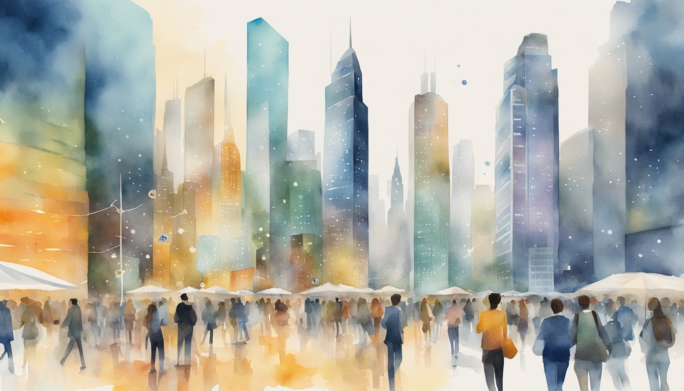 Watercolor illustration of bustling cityscape with pedestrians.