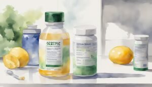 Watercolor painting of vitamins and lemons on table.