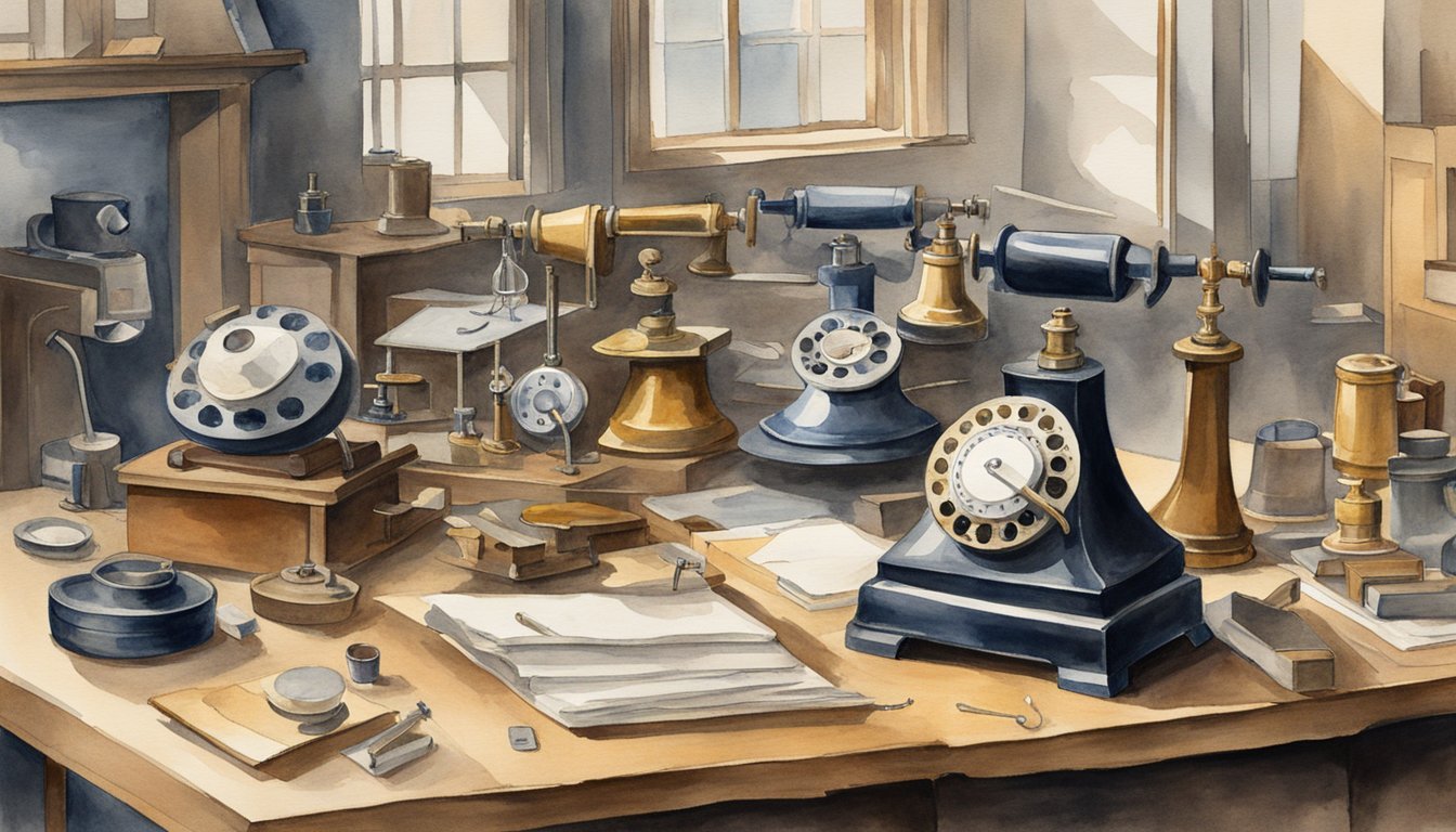 Vintage telephones and desk in a historical office setting.