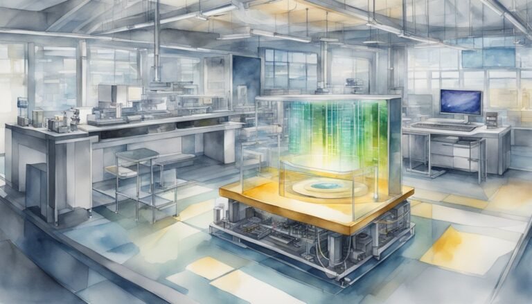 Watercolor illustration of futuristic laboratory with glowing central device.