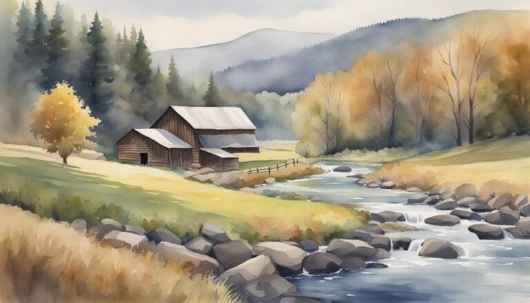 Idyllic landscape with stream, barn, and autumn trees.