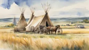 Watercolor painting of teepees and horse-drawn wagon in field
