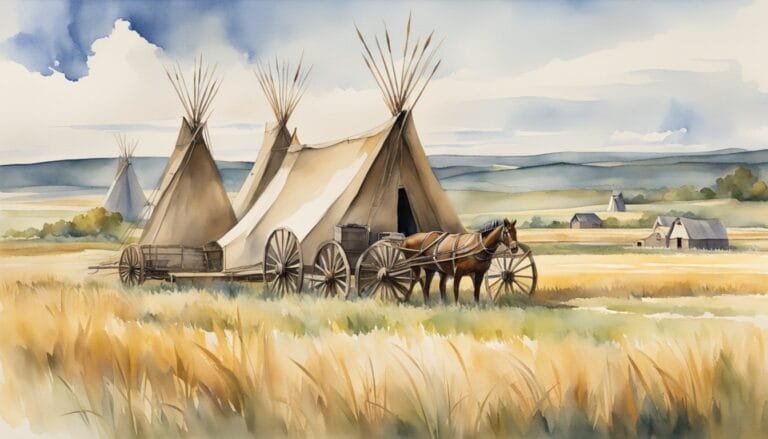 Watercolor painting of teepees and horse-drawn wagon in field