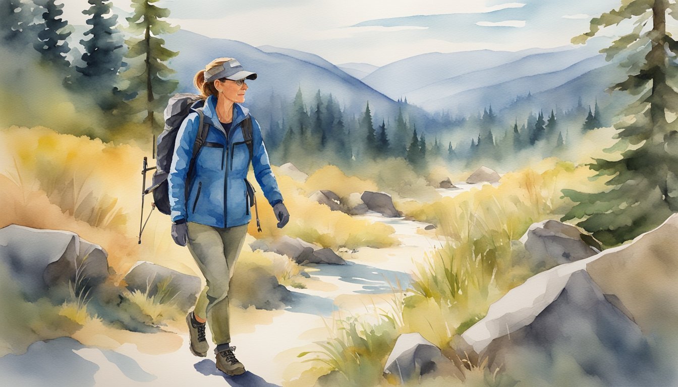 Woman hiking in mountainous forest landscape, watercolor.