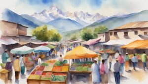 Watercolor of bustling market with mountain backdrop.