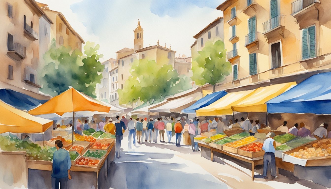 Watercolor of busy outdoor market with colorful stalls.