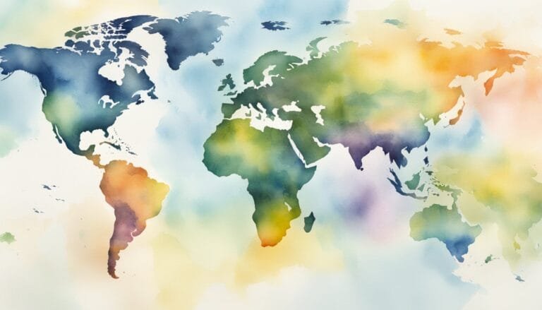 Colorful watercolor world map illustration.