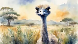 Watercolor painting of an ostrich in wild landscape.