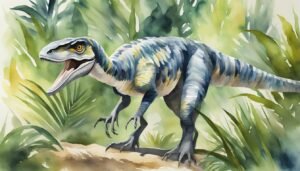 Watercolor painting of Velociraptor in lush jungle.