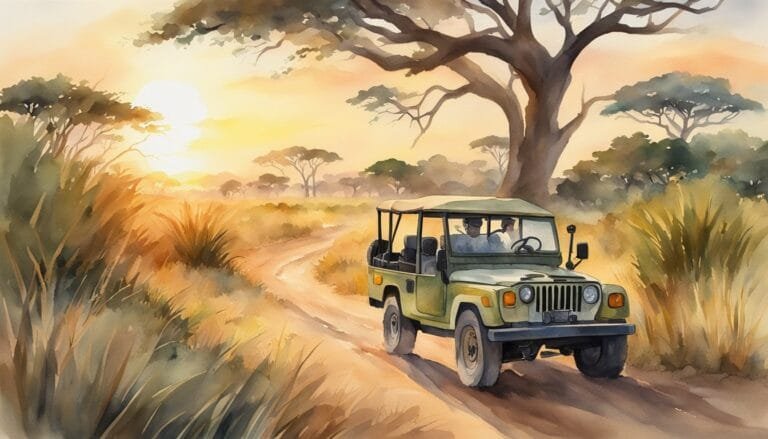 Jeep safari at sunset in African savannah landscape.