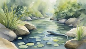 Watercolor painting of fish in serene river landscape.