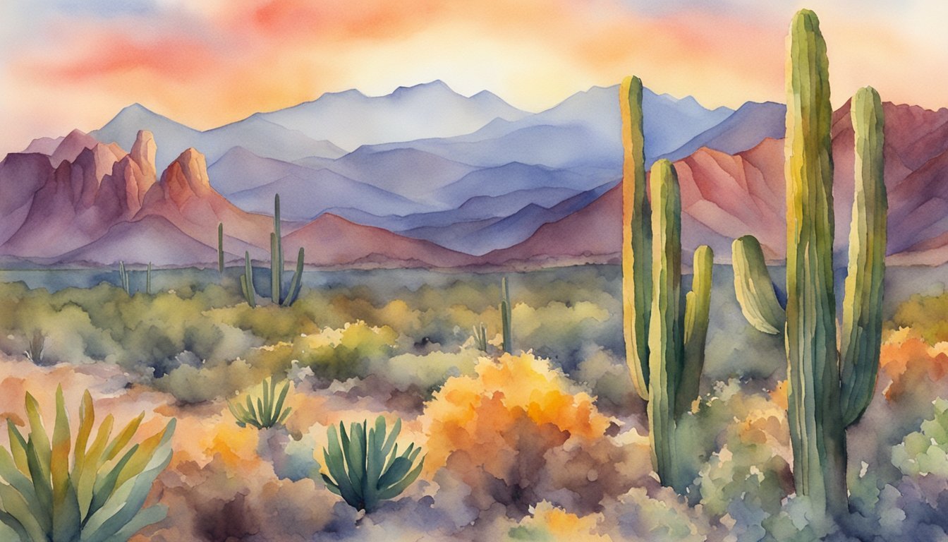 Watercolor landscape of desert with cacti and mountains.