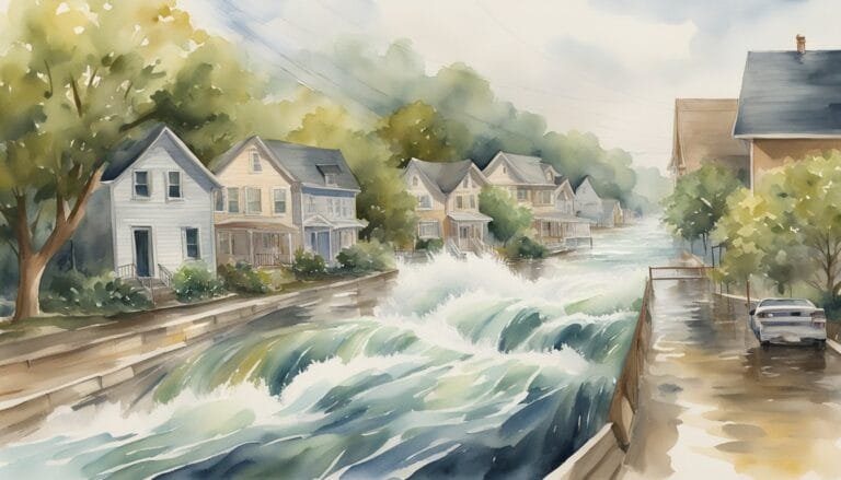 Watercolor painting of a flooded suburban street.
