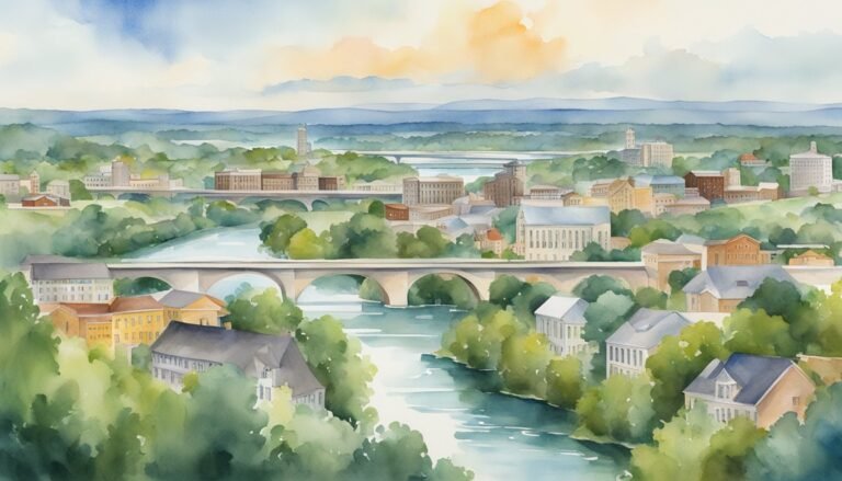 Watercolor painting of a riverside cityscape with bridge.