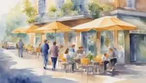 People dining at outdoor cafe with umbrellas, watercolor painting.