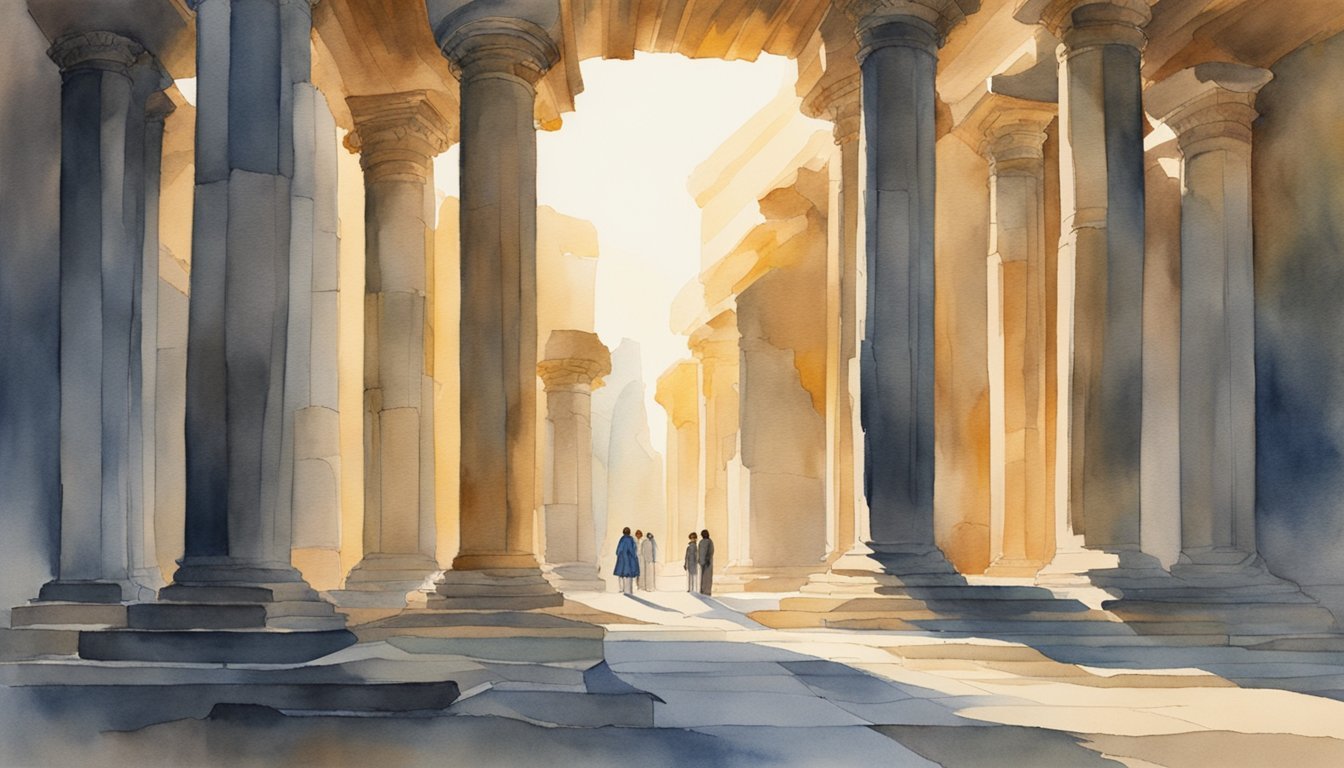 Watercolor of ancient columns with silhouetted figures walking.