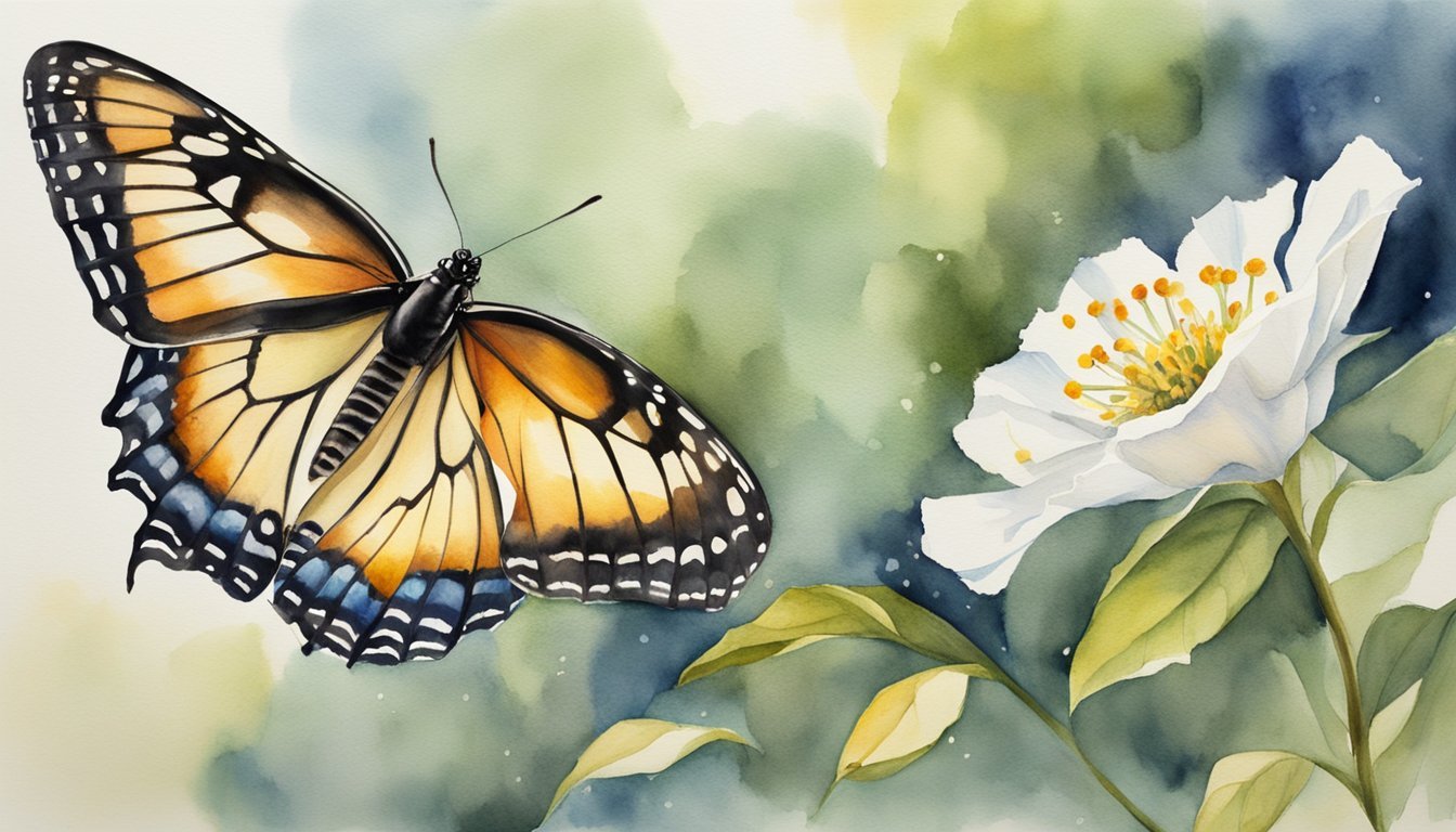 Watercolor of monarch butterfly on white flower.