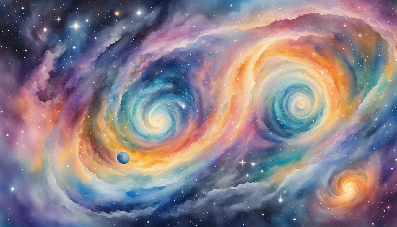 Colorful celestial galaxy painting with swirling stars.