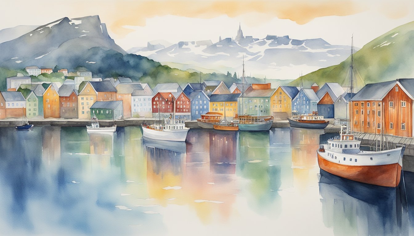 Colorful waterfront buildings with boats, mountainous backdrop in watercolor.