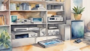 Watercolor illustration of electronics on shelves with plants.