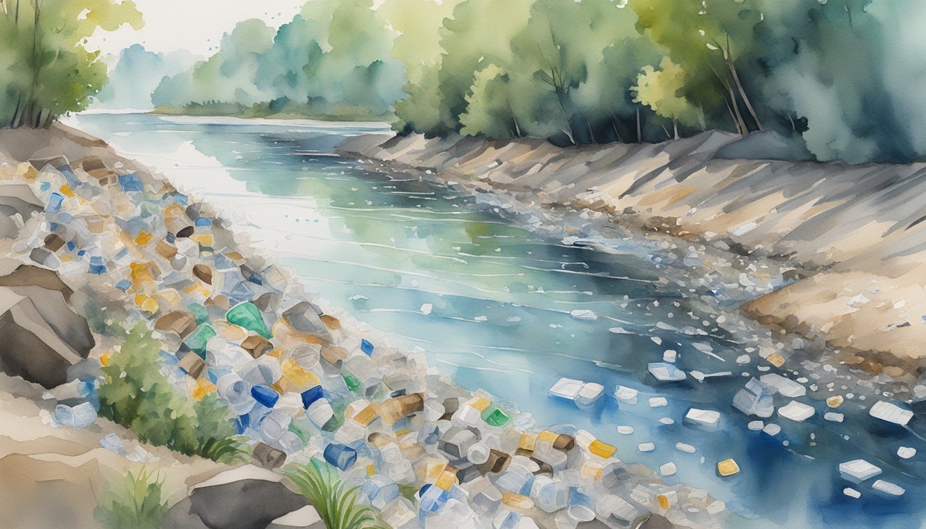 Watercolor painting of river polluted with plastic waste