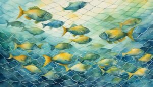 Colorful fish trapped in net, watercolor illustration.