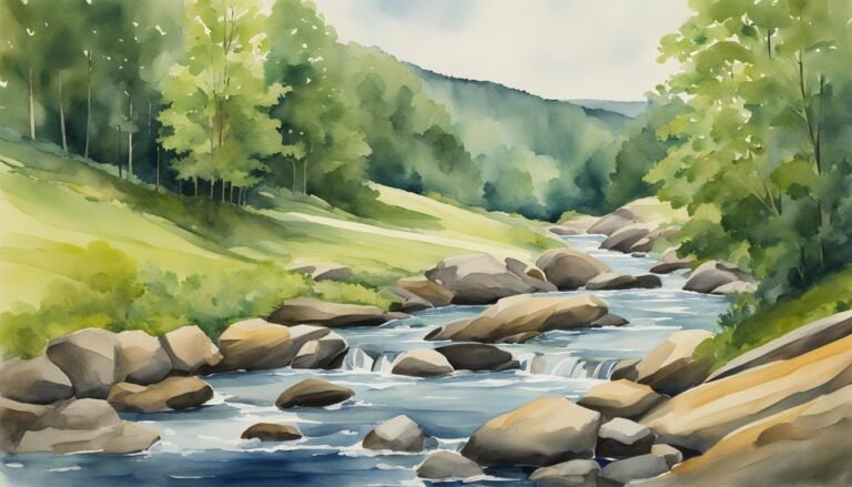 Watercolor painting of forested river with boulders.