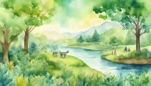 Idyllic watercolor landscape with river, biking, and grazing animals.