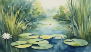 Watercolor painting of tranquil pond with lily pads and flowers.