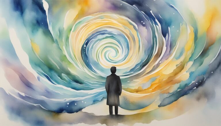 Person observing swirling watercolor vortex painting.