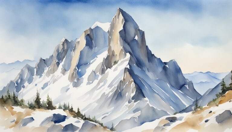 Watercolor painting of snowy mountain landscape with evergreens.