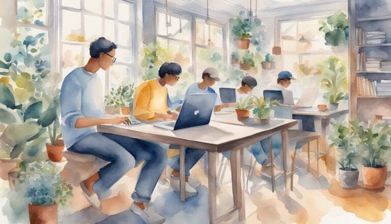 People working in bright, plant-filled office space.