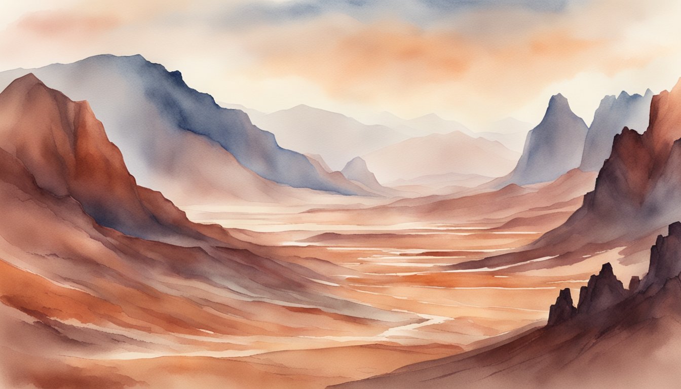 Watercolor painting of misty mountainous desert landscape.