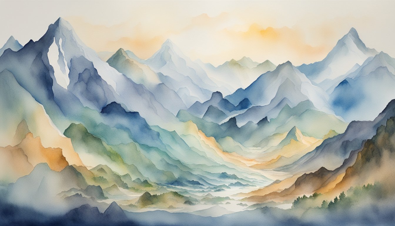 Watercolor mountain landscape at sunrise.