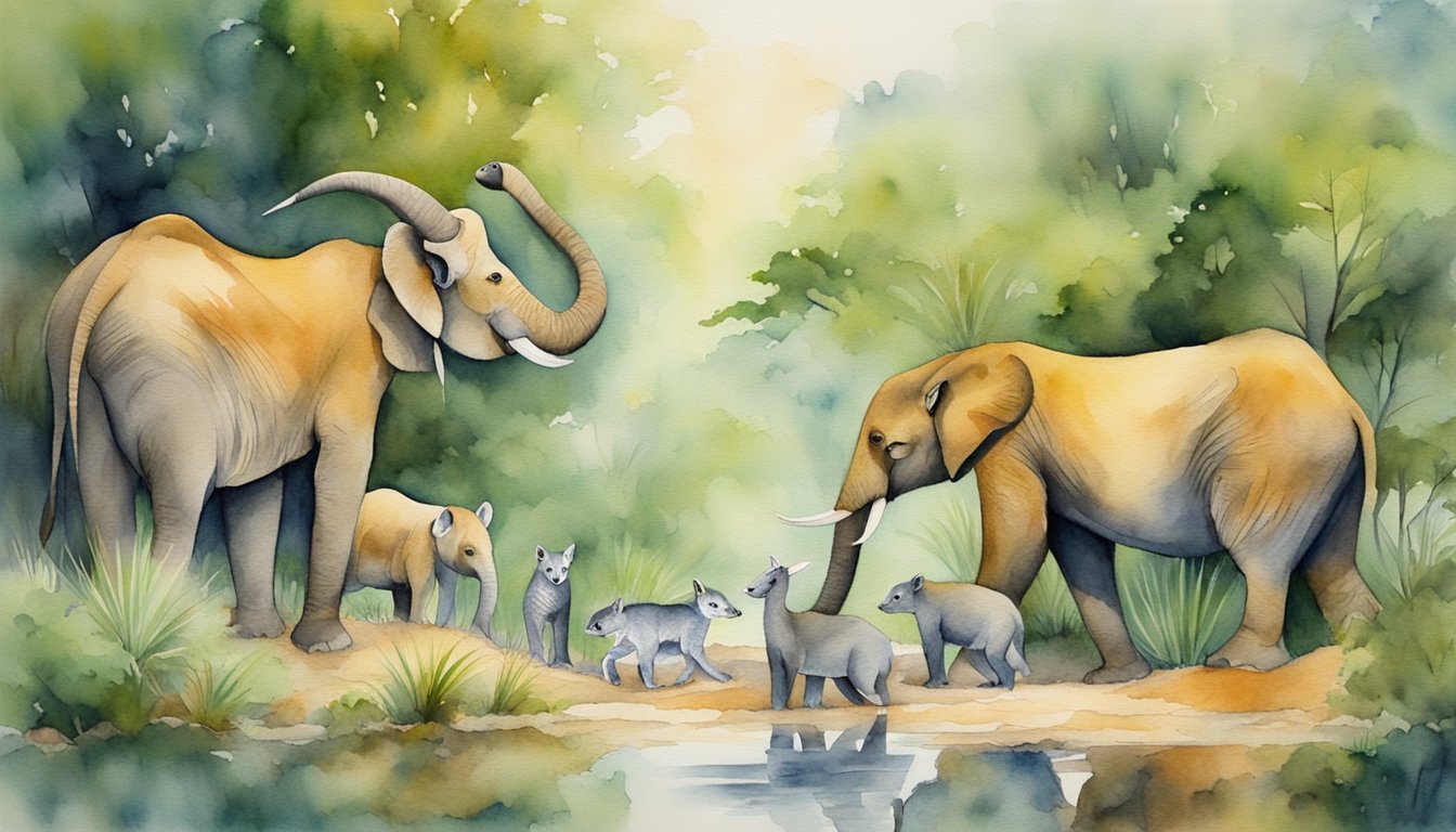 Elephants and baby boars at a watercolor forest stream.