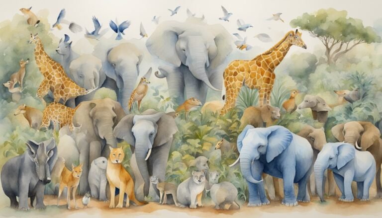 Watercolor illustration of diverse African wildlife in natural habitat.