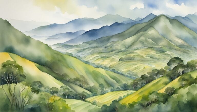 Watercolor painting of layered mountain landscape with lush valleys.