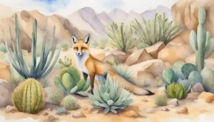 Fox in desert watercolor with cacti and mountains.