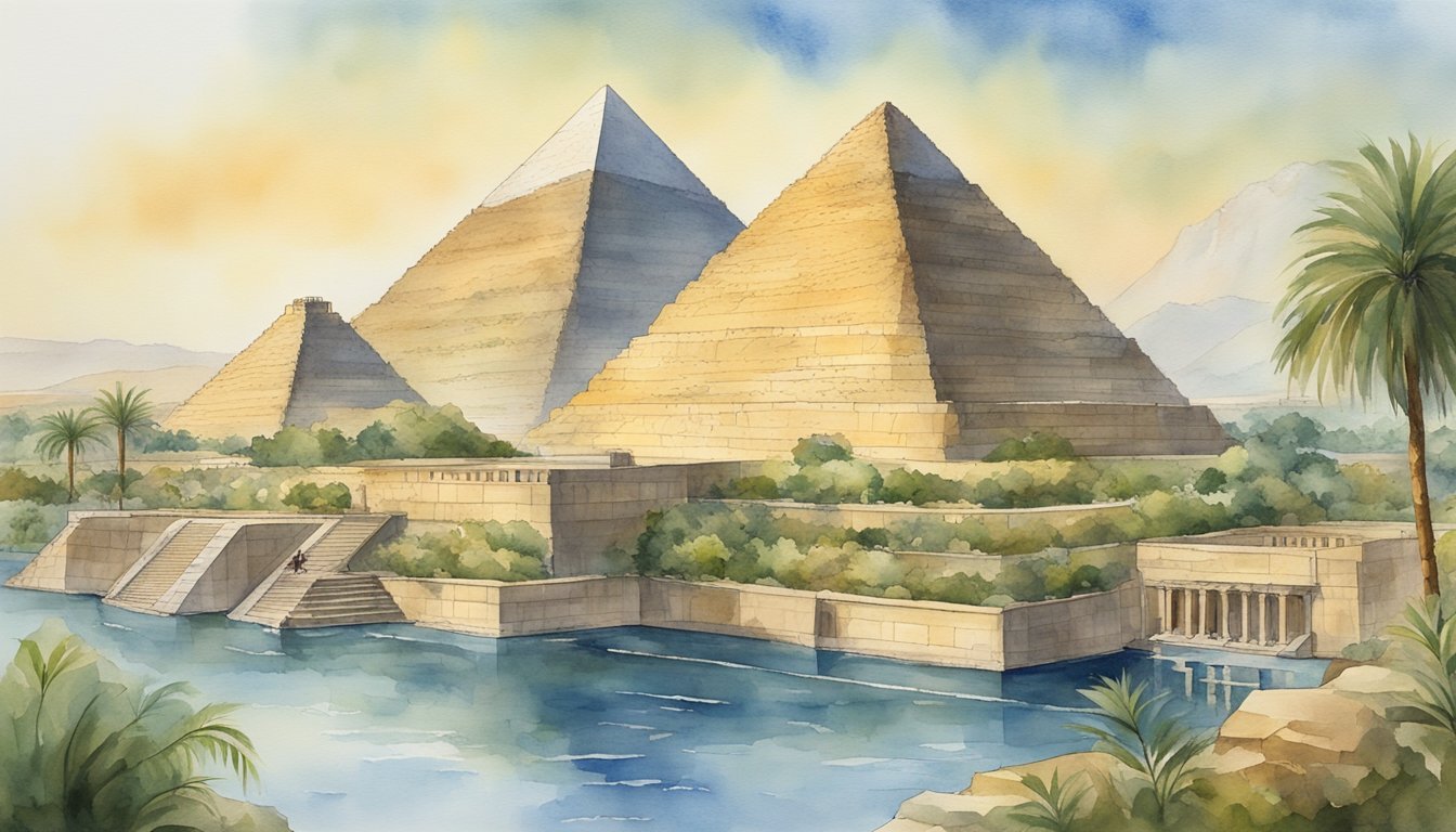 Watercolor illustration of Giza pyramids and Nile River.