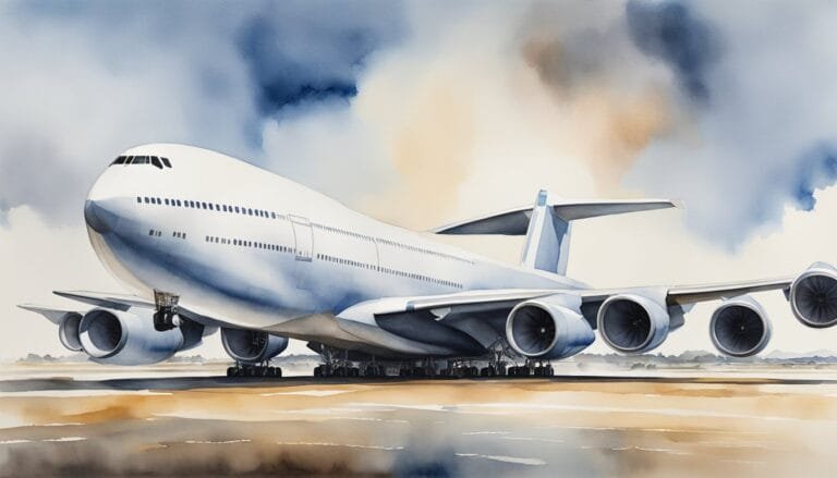 Commercial airplane on runway, watercolor illustration.