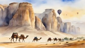 Desert caravan and hot air balloons near sandstone cliffs.