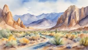 Watercolor painting of a vibrant desert landscape with mountains.